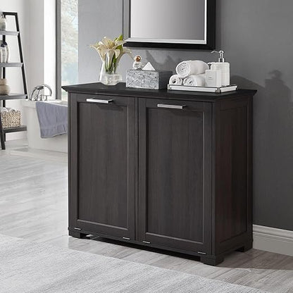 OLD CAPTAIN Double Tilt Out Trash Cabinet, Wooden Kitchen Garbage Can Free Standing Holder (Dark Brown+Black Top Panel)