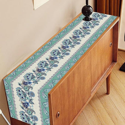 Paisley Table Runner, Vintage Teal Damask Floral Flower Boho Antique Damask Swirled Pattern Rustic Coffee Table Center Decor for Family Kitchen and Living Room Outdoor Table Decorations, 13"x36"