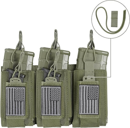 Open-Top Single/Double/Triple Molle Mag Pouch for 5.56mm M4 M16 AK AR Glock M1911 9mm Elastic Rifle Magazines Pistol Mag Pouches Holder Carrier with USA Flag Patch