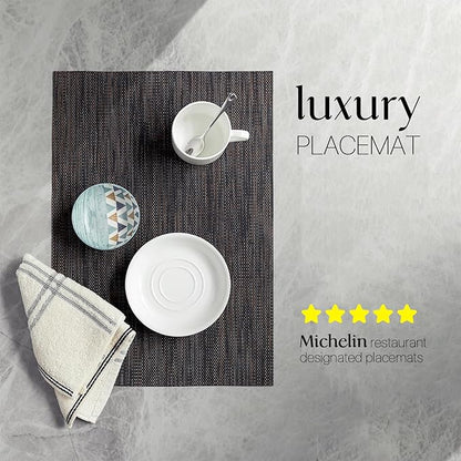LEXMORE Placemats Set of 8 Vinyl/Plastic Woven Place Mats for Kitchen Table Indoor/Outdoor Washable Placemat Wipeable Dining Table Mats(Black/Brown)