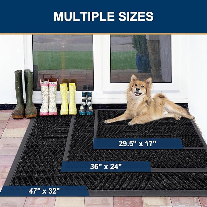 Smiry Front Door Mat Outside Entrance, Heavy Duty Sturdy Natural Rubber Doormat, Trap Dirt and Moisture, Easy Clean Low Profile Mats for Indoor Outdoor Entry, Irregular Triangle (59x35, Black)