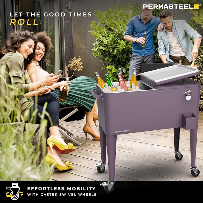 Permasteel 80 Quart Party Cooler, Rolling Ice Chest with Wheels and Handles for Indoor Outdoor Patio