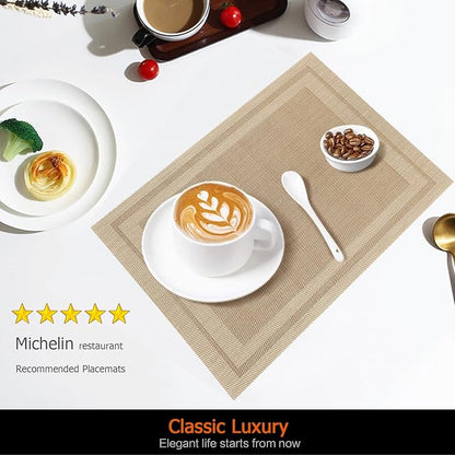 Placemats Set of 12 Washable& Wipeable Placemats for Dining Table Kitchen Indoor Outdoor Table mats Heat Resistant Non Slip Woven (Khaki，12PCS)