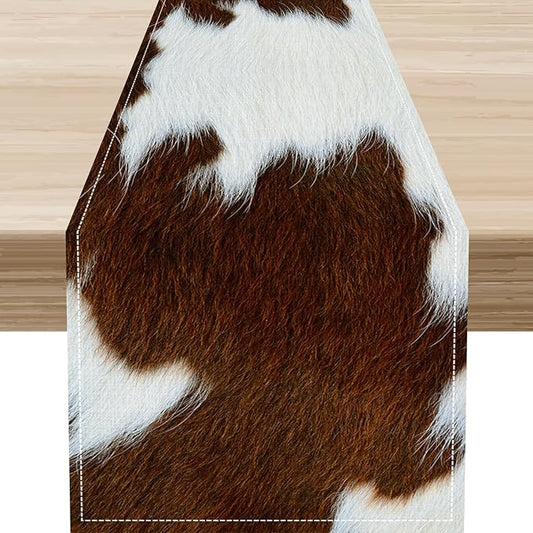 Cow Print Table Runner, Brown Cowhide Print Western Style Table Runner Country Farmhouse Cottage Cow Pattern Linen Table Decoration for Home Kitchen Dining 13x72