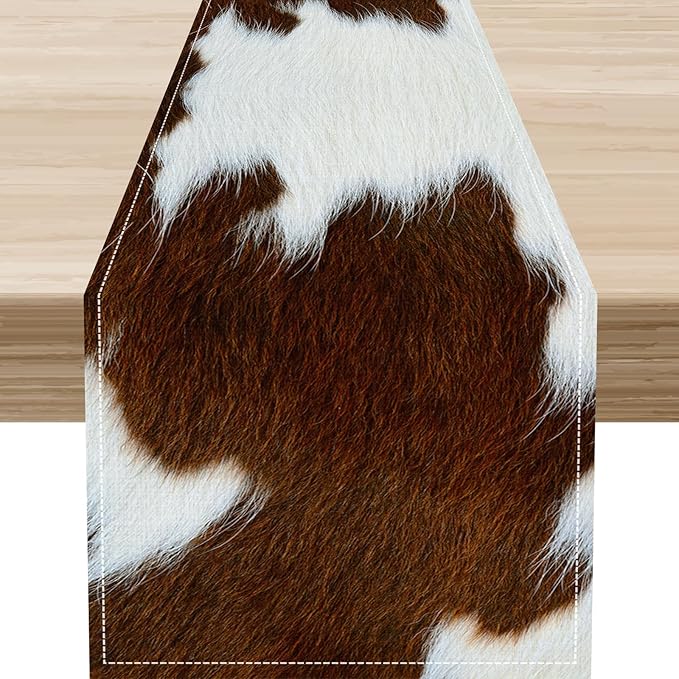 Cow Print Table Runner, Brown Cowhide Print Western Style Table Runner Country Farmhouse Cottage Cow Pattern Linen Table Decoration for Home Kitchen Dining 13x108