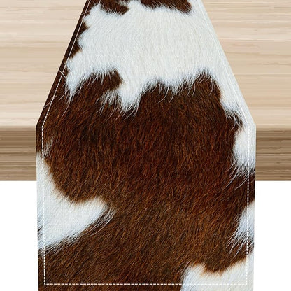 Cow Print Table Runner, Brown Cowhide Print Western Style Table Runner Country Farmhouse Cottage Cow Pattern Linen Table Decoration for Home Kitchen Dining 13x90