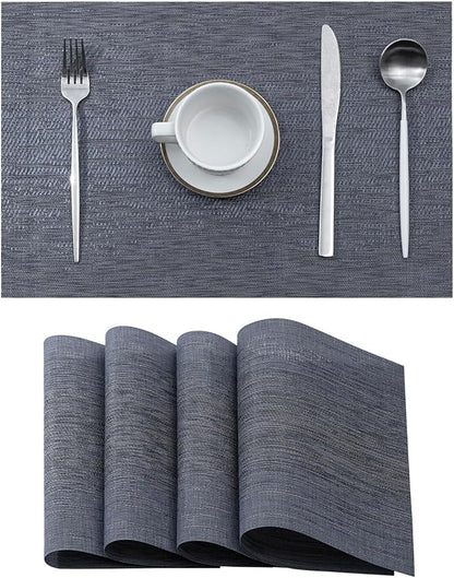 Leetaltree Denim Blue Placemats Set of 4 - Heat Resistant Non-Slip Place mats for Dining Table, Washable Durable PVC Vinyl Woven Table Mats（Denim Blue, 4）