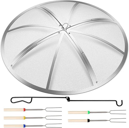 Fire Pit Spark Screen 30 Inch Round, Heavy Duty Stainless Steel Outdoor Fire Pit Screen Cover with Foldable Hook & Marshmallow Sticks, Mesh Spark Protector for Backyard, Camping, Beach