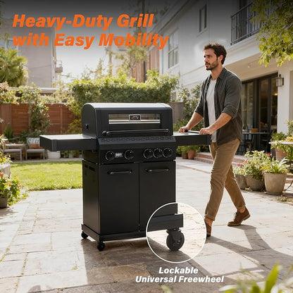 4+1 Burner Propane Gas Grill,47,000 BTU Outdoor BBQ with Enameled Cast Iron Grates and Side Tables, Portable for Backyard, Patio,Camping,3-in-1 BBQ Grill and Griddle Combo,555 Sq.in Cook Area
