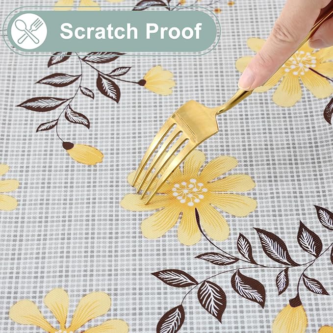 misaya Round Waterproof Vinyl Table Cloth, Wipeable Tablecloth with Flannel Backing, Plastic Table Cover for Dinner, Picnic, Indoor and Outdoor (Yellow Flowers, 60")