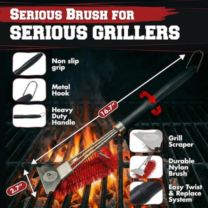 KITCHEN PERFECTION Nylon GrillSaver - Safe BBQ Grill Brush with Replaceable Cleaning Head -Heavy-Duty Grill Cleaner w/Scraper for Porcelain & Ceramic Grates, Includes Magnetic Hanger & Bottle Opener