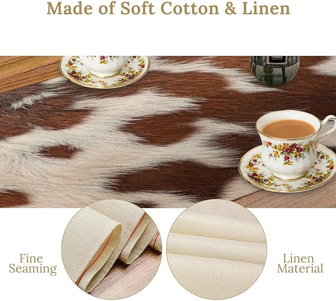 Cow Print Table Runner, Western White Brown Cowhide Rustic Coffee Table Runner for Home Kitchen Dining Room Farmhouse 13x70in