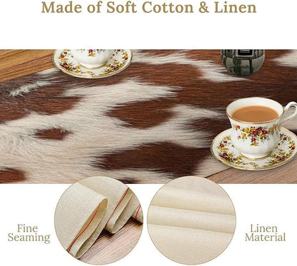 Cow Print Table Runner, Western White Brown Cowhide Rustic Coffee Table Runner for Home Kitchen Dining Room Farmhouse 13x90in