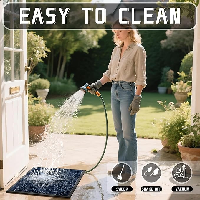 Yimobra Door Mat Outside Entrance 29.5x17, Waterproof Sturdy Outdoor Mats for Front Door, Heavy Duty Non-Slip Doormat for Garage Patio Entryway Indoor, Easy Clean, Blue
