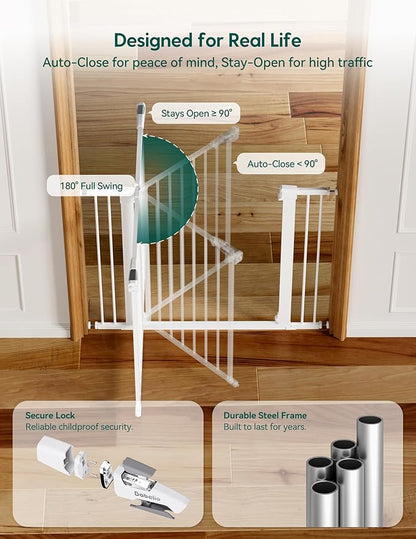 Babelio Metal Baby Gate, 29-43" Auto Close Easy Install Pet Gate PressGuard P7, Extra Wide Walk Thru Child Safety Gate, 30" Tall Pressure Mounted Dog Gate for Doorways & Stairs, White