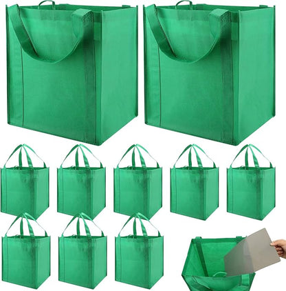 NERUB Set of 10 Reusable Grocery Bags Heavy Duty Shopping Bags Large Grocery Totes with Reinforced Bottom Super Sturdy Handles, Green