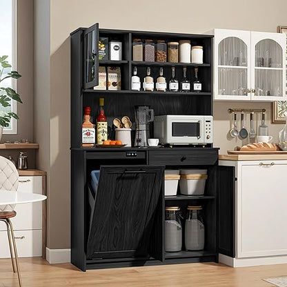 OLD CAPTAIN Tilt Out Trash Cabinet with Deodorising Function, Kitchen Hutch with Microwave Shelf and Drawer, Kitchen Pantry with Trash Cabinet for 10 Gallons, Black