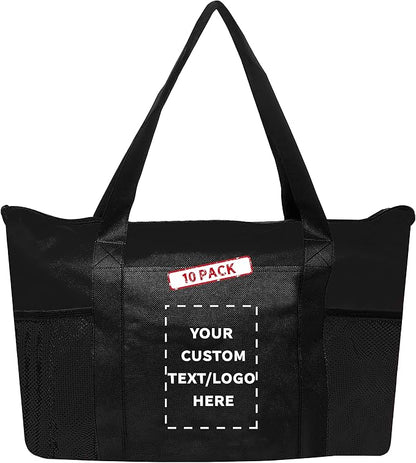 DISCOUNT PROMOS 10 Zippered Non-Woven Tote Bags Set - Customizable Text, Logo - Mesh Pocket, Zippered, Recyclable, Reusable - Black - 19"X14"X3", with Zipper