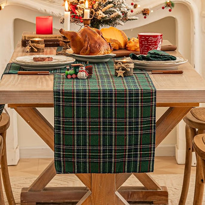 Green Blue Plaid Christmas Table Runner, Winter Holiday Table Runners 108 inches Long, Xmas Decorations Indoor Outdoor Farmhouse Home Kitchen Dining Party Decor