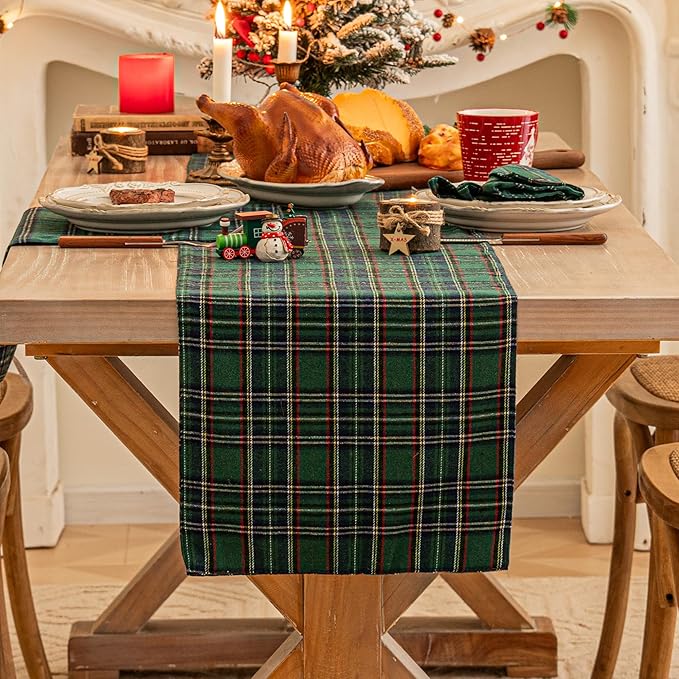 Green Blue Plaid Christmas Table Runner, Winter Holiday Table Runners 90 inches Long, Xmas Decorations Indoor Outdoor Farmhouse Home Kitchen Dining Party Decor