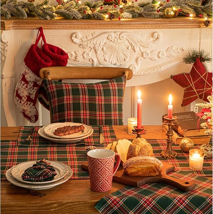 Green Red Plaid Christmas Table Runner, Winter Holiday Table Runners 36 inches Long, Xmas Decorations Indoor Outdoor Farmhouse Home Kitchen Dining Party Decor