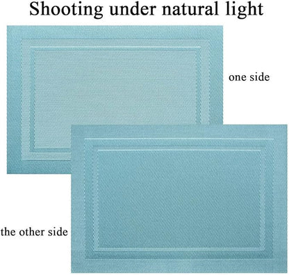 PIGCHCY Heat Insulation Non Slip Plastic Placemats,Washable Easy to Clean Woven Vinyl Kitchen Stain Resistant Placemats for Dining Table Set of 6 (Sky Blue)