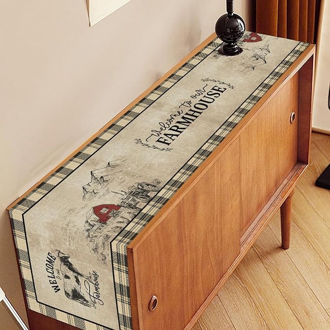 Farmhouse Table Runner, Rustic Country Barn Cottage Rooster Cow Check Animal Coffee Table Center Decor for Home Kitchen Dining Patio Holiday Party Indoor Outdoor Table Decorations 13"x72"