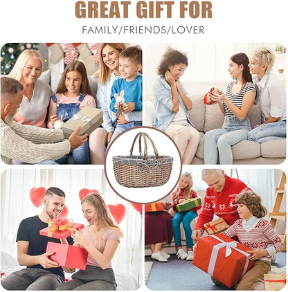 G GOOD GAIN Oval Picnic Basket with Folding Handles, Willow Hand Woven Shopping Basket, Bath Storage Gift Packing Basket, Wicker Empty Easter Eggs and Candy Small Gift Basket.GreyCheck