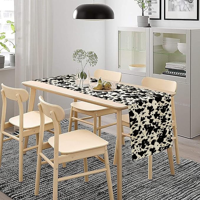 Cow Print Table Runner, Black White Animal Fur Skin Rustic Cowhide Pattern Table Runner for Kitchen Farmhouse Dining Home Outdoor Party 13x60in