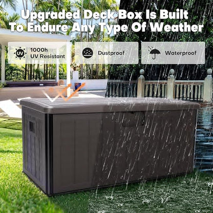 100 Gallon Deck Box, Double-Wall Construction Waterproof Outdoor Patio Storage Box, Lockable Deck Storage Bin Outdoor Storage Bench for Pool Patio Garden