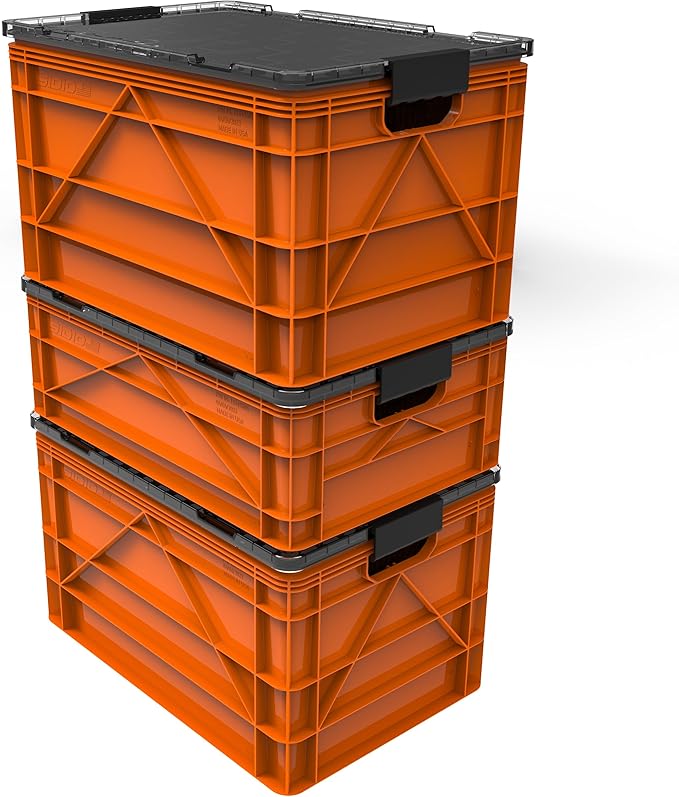 SIDIO Crate Pro Pack - 2 Full-Size & 1 Half-Size Heavy Duty Stackable Storage Bins, Totes and Containers with Lids and Dividers - Durable Plastic Organizer for Home, Office, Garage, and Outdoor Use