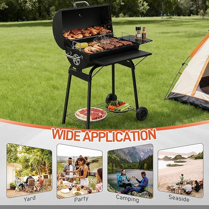 Outvita Barrel Charcoal Grill with Warming Rack, Outdoor BBQ Grill with Side Front Table with Nearly 564 Sq.In. Cooking Grid Area for Backyard Patio Picnic Parties Camping, Black