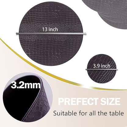 Round Leather Placemats - Placemat Set of 8, Heat Resistant and Waterproof Washable Table Runner, Kitchen Table Runner, 13" X 13" (Brown)