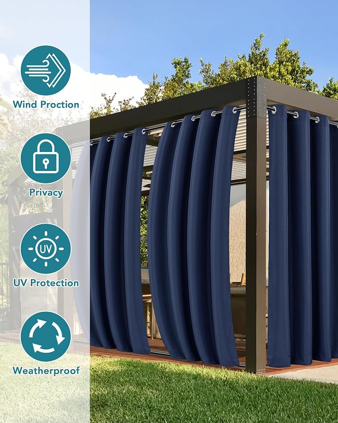 Windproof Outdoor Curtains for Patio Waterproof 4 Pcs 54x95 In Navy | Grommet - Image 3