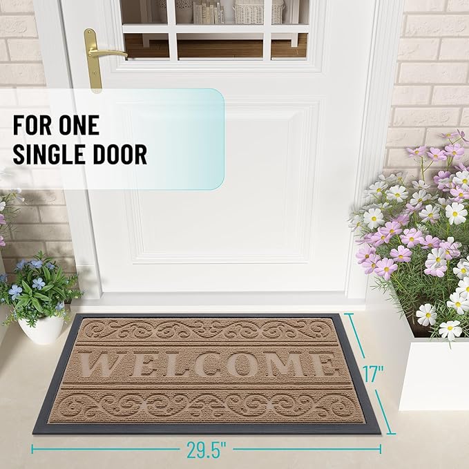 OLANLY Welcome Door Mat Indoor Outdoor Entrance, Heavy Duty Sturdy Front Door Mat, Waterproof All-Weather Doormat, Stain Resistant, Low Profile, Easy Clean Patio Entryway Mat, 36 x 24, Light Brown
