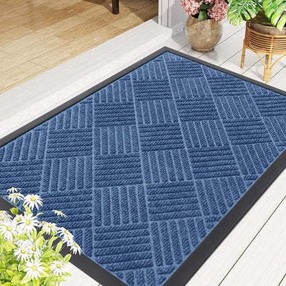 Smiry Front Door Mat Outside Entrance, Heavy Duty Outdoor Indoor Natural Rubber Doormat, Non Slip, Trap Dirt and Moisture, Easy Clean, Low Profile Patio Porch Entryway Mat, 35x23, Blue