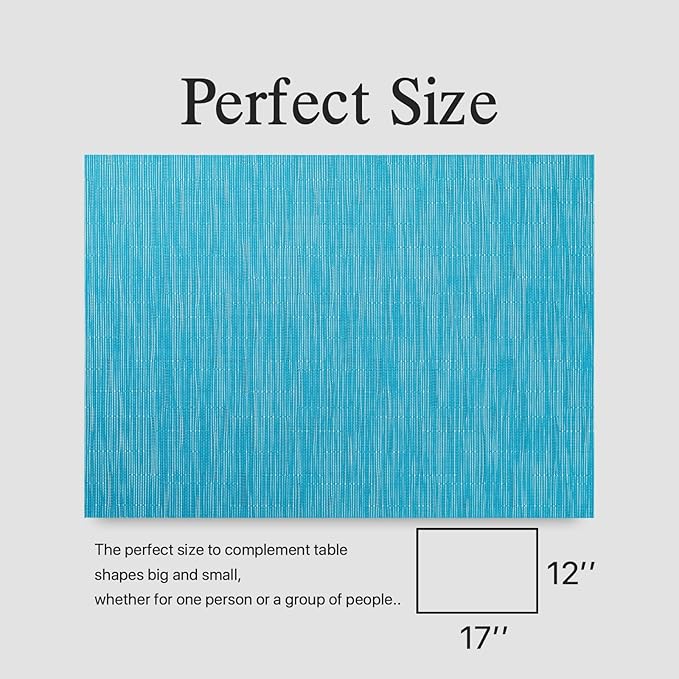 Placemats Set of 12 - Easy Clean Woven Vinyl Placemats for Dining Table, Indoor/Outdoor Place Mats, Washable PVC Table Mats（Teal Blue）