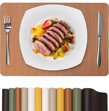 Faux Leather Placemats Set of 4 – 17x12 Inch Vinyl Table Mats, Heat Resistant, Non Slip, Wipeable & Washable, Easy to Clean Dining Table Decor for Kitchen & Dining Room（Cinnamon Brown）