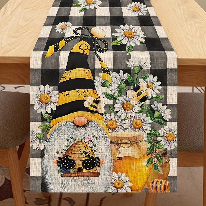 Seliem Spring Bee Gnome Table Runner, Honey Black White Buffalo Plaid Check Home Kitchen Dining Decor, Summer Seasonal Farmhouse Daisy Decorations Indoor Outdoor Anniversary Party Supply 13 x 36 Inch