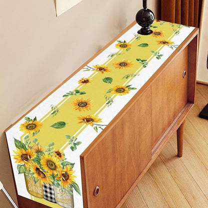 Sunflower Table Runner, Watercolor Yellow Floral Vase Spring Sunshine Summer Farmhouse Rustic Coffee Table Center Decor for Home Kitchen Dining Patio Indoor Outdoor Table Decorations, 13"x90" Inch