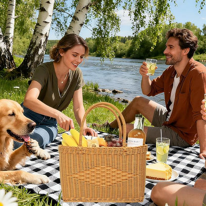 Big Picnic Basket-40cm Diameter with Handles Handmade Plastic Rattan Woven Basket Multifunctional Woven Storage Basket, Storage Basket for Camping,Shopping, Market, Birthday, Wedding,Picnic, Party