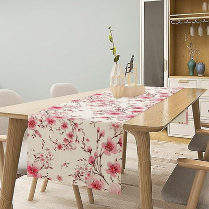 Cherry Flower Table Runner, Seasonal Spring Cherry Blossoms Branches Watercolor Floral Print Table Cover for Kitchen Dining Table Indoor Outdoor Party Decor, 13x60inch