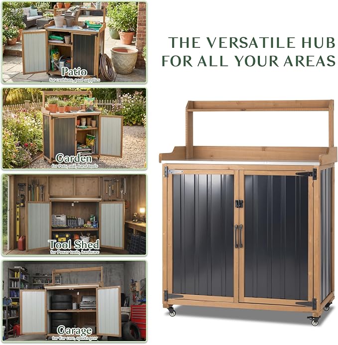 Outdoor Storage Cabinet with 4 Wheels and Handle, Metal & Wood Potting Bench - Image 5