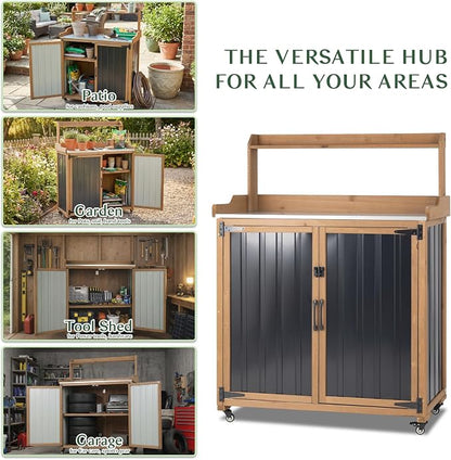 Outdoor Storage Cabinet with 4 Wheels and Handle, Metal & Wood Potting Bench - Image 5