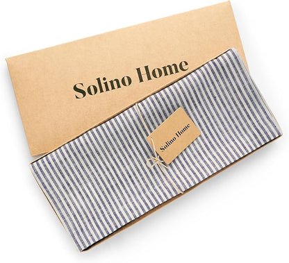 Solino Home Linen Striped Table Runner 108 Inches Long - Narrow Stripe 100% Pure Linen Navy and White Dining Table Runner 14 x 108 Inch for Spring, Easter