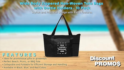 DISCOUNT PROMOS 10 Zippered Non-Woven Tote Bags Set - Customizable Text, Logo - Mesh Pocket, Zippered, Recyclable, Reusable - Black - 19"X14"X3", with Zipper
