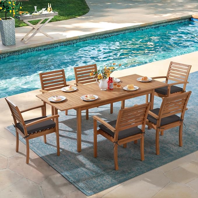 Stackable Patio Dining Chairs Set of 8, Dark Grey | Outdoor Acacia Wood Chairs - Image 5