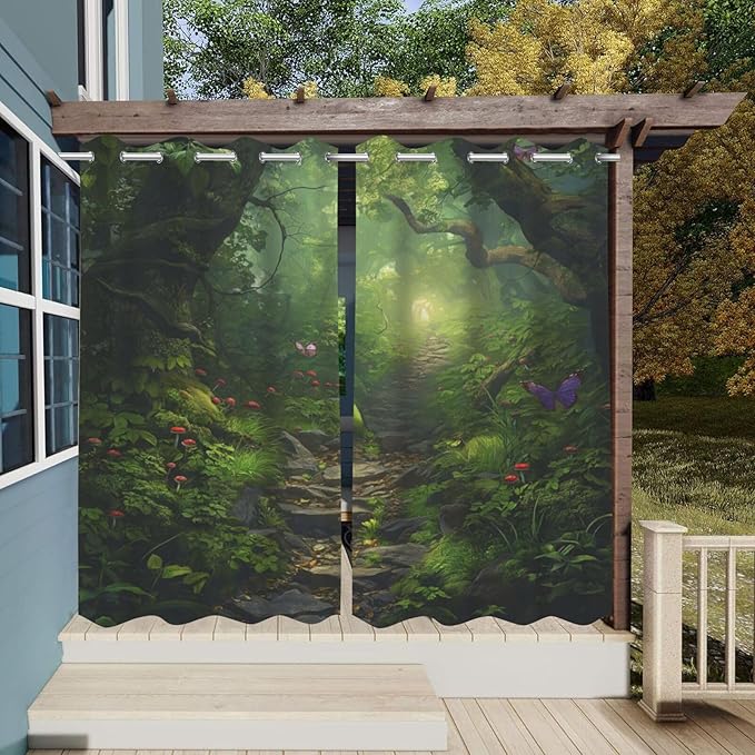 Fantasy Theme Waterproof Indoor/Outdoor Curtains,Forest Pattern,Privacy Weatherproof Grommet Outside Curtains for Porch, Pergola, Cabana,2 Panel,W54 x L96,Green