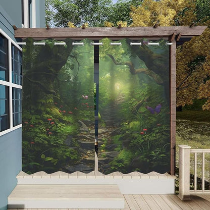 Fantasy Theme Waterproof Outdoor Curtains for Patio,Forest Pattern,Privacy, Grommet Curtains for Patio, Pergola, Porch, Deck, Lanai, and Cabana,2 Panels,W36 x L84,Green