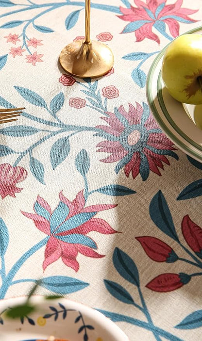 Designer Floral Linen Round Tablecloth,Vintage William Morris Wrinkle Resistant Table Cloth,Decorative Table Cover for Kitchen,Dining,Thanksgiving,Christmas,Diameter 67"-Dorodango B